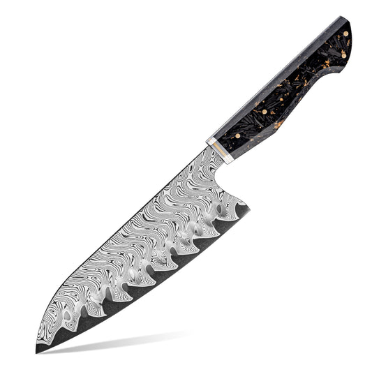 Cuchillo Santoku 19cm AUS10+Torcido Damasco66 Resina de Carbono y Dorada fondo blanco