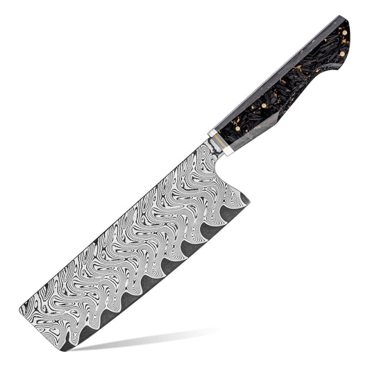 Cuchillo Nakiri 18cm AUS10+Torcido Damasco66 Resina de Carbono y Dorada Fondo blanco