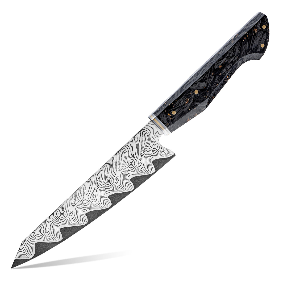 Cuchillo Utilitario 14cm AUS10+Torcido Damasco66 Resina de Carbono y Dorada fondo blanco