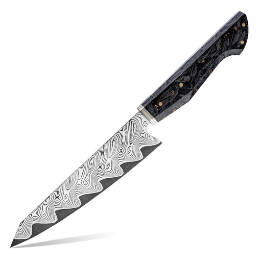 Cuchillo Utilitario 14cm AUS10+Torcido Damasco66 Resina de Carbono y Dorada fondo blanco