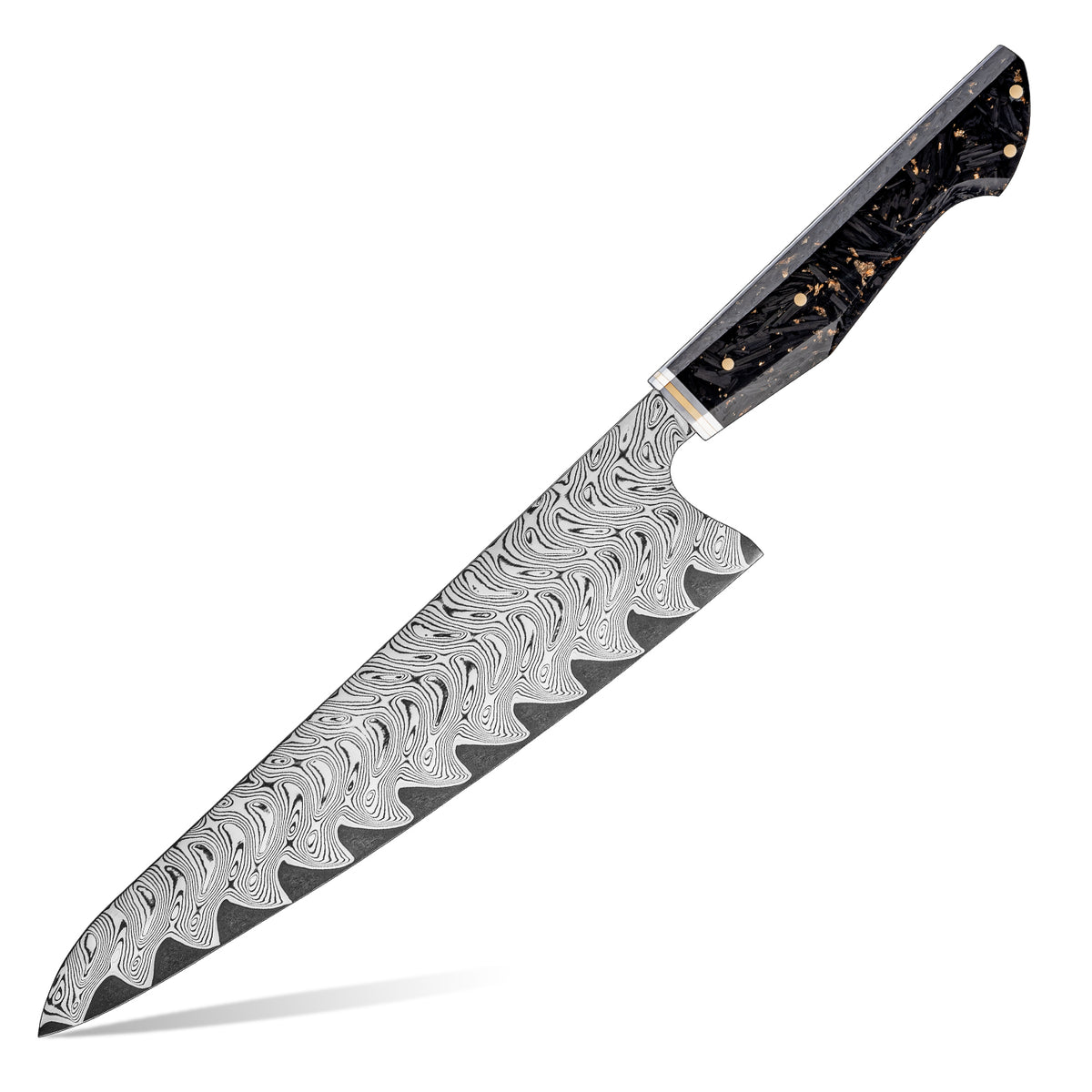 Cuchillo de Chef 24cm AUS10+Torcido Damasco66 Resina de Carbono y Dorada fondo blanco