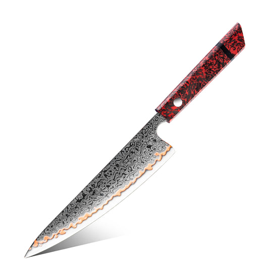 Cuchillo Gyuto 20cm 10Cr+Olas Cobre Damasco54 Resina Roja y Carbono fondo blano