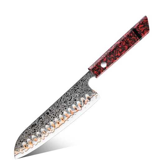 Cuchillo Santoku 18cm 10Cr+Olas Cobre Damasco54 Resina Roja y Carbono, fondo blanco.