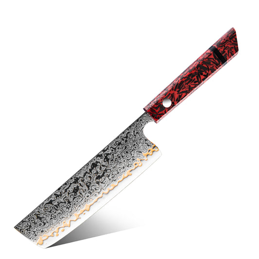 Cuchillo Nakiri 18cm 10Cr+Olas Cobre Damasco54 Resina Roja y Carbono fondo blanco