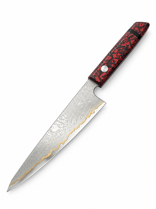 Cuchillo Garasuki 15cm 10Cr+Olas Cobre Damasco54 Resina Roja y Carbono con fondo blanco.