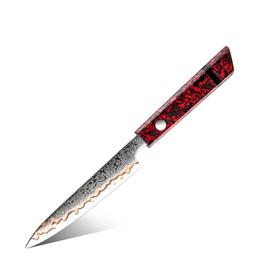 Cuchillo Utilitario 13cm 10Cr+Lluvia Cobre Damasco54 Resina Roja y Carbono fondo blanco