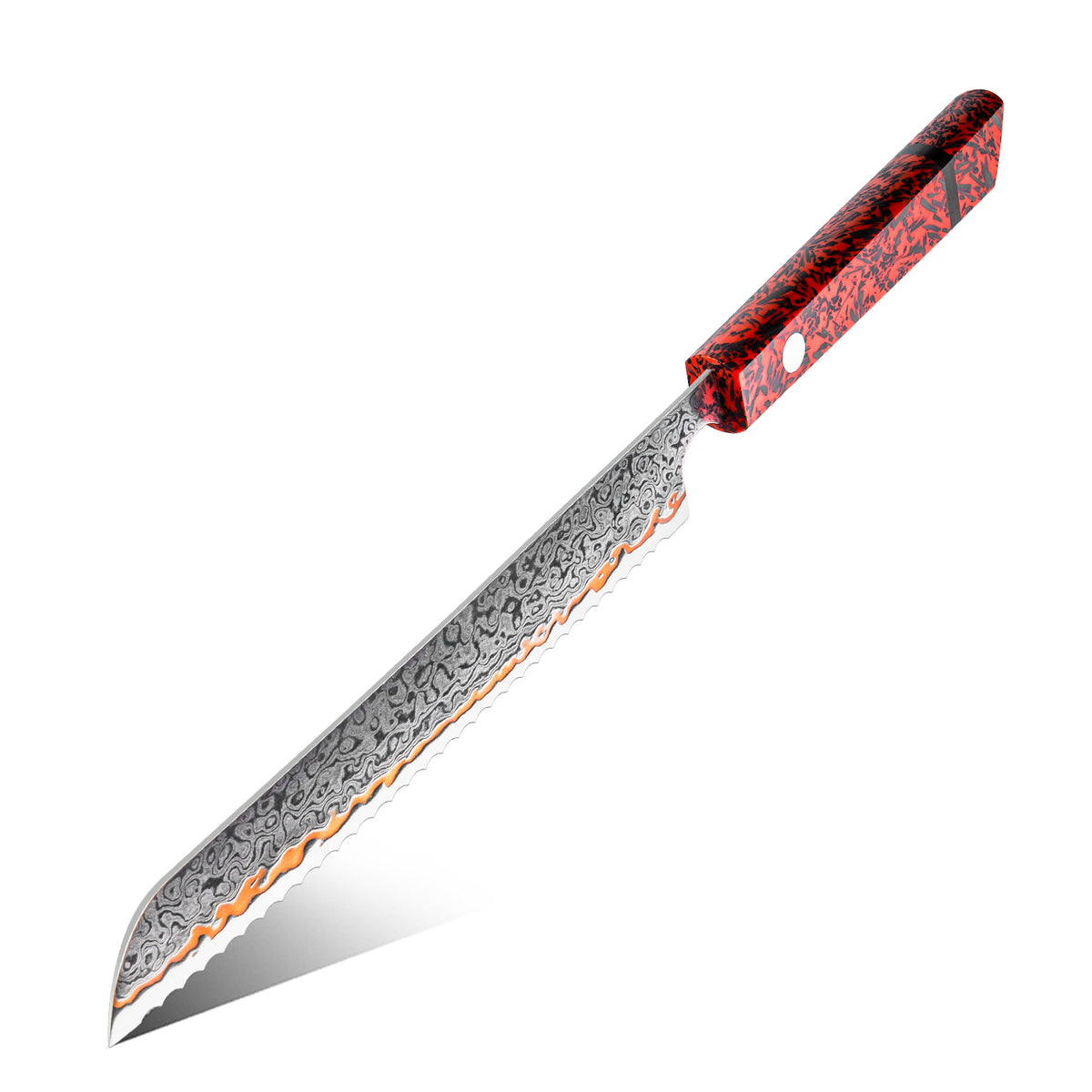 Cuchillo de Pan 20cm 10Cr+Olas Cobre Damasco54 Resina Roja y Carbono, fondo blanco
