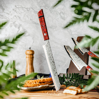 Cuchillo de Pan 20cm 10Cr+Olas Cobre Damasco54 Resina Roja y Carbono, panes, arboles de navidad.