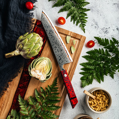Cuchillo Kiritsuke 20cm 10Cr+Lluvia Cobre Damasco54 Resina Roja y Carbono alcachofa fideos fusilli