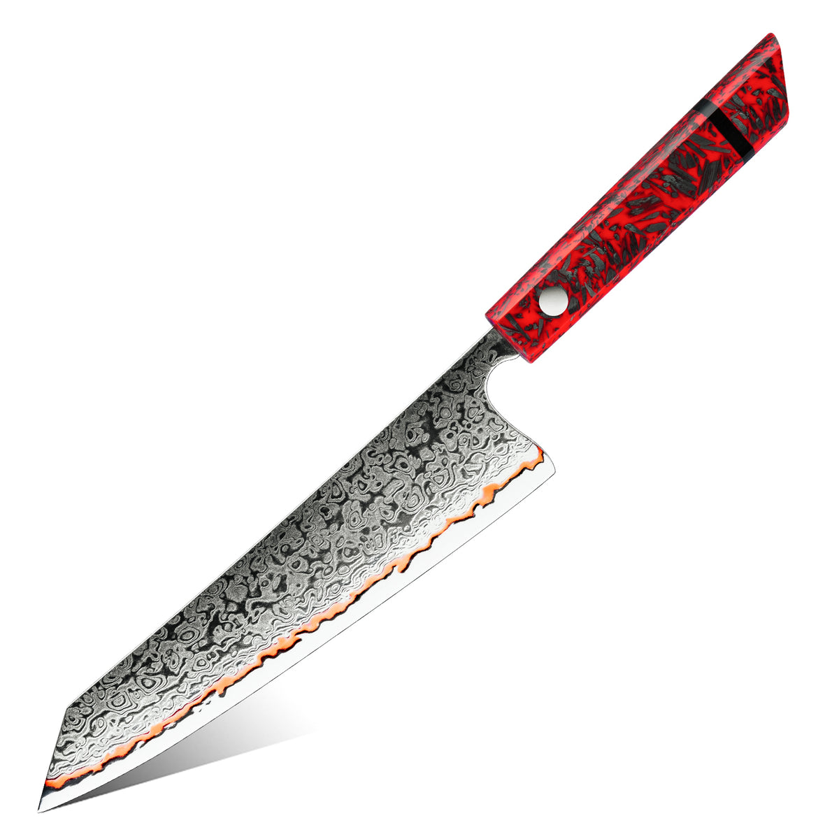 Cuchillo Kiritsuke 20cm 10Cr+Lluvia Cobre Damasco54 Resina Roja y Carbono fondo blanco