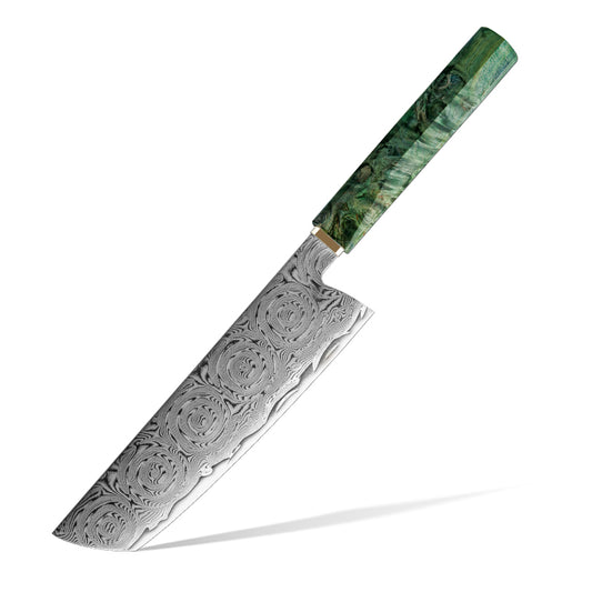 Cuchillo Nakiri 18cm 10Cr+Rosa Damasco66 Madera EST Verde y Cobre con fondo blanco.