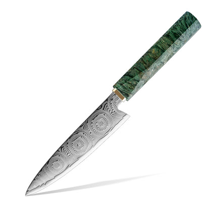 Cuchillo Utilitario 14cm 10Cr+Rosa Damasco66 Madera EST Verde y Cobre fondo blanco