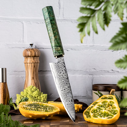 Cuchillo Utilitario 14cm 10Cr+Rosa Damasco66 Madera EST Verde y Cobre.
