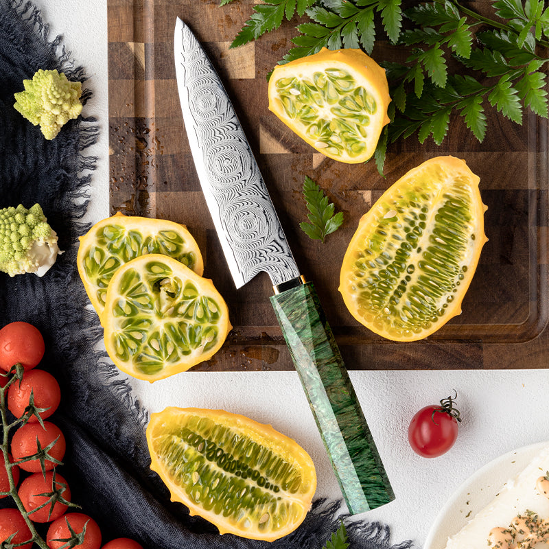 Cuchillo Utilitario 14cm 10Cr+Rosa Damasco66 Madera EST Verde y Cobre