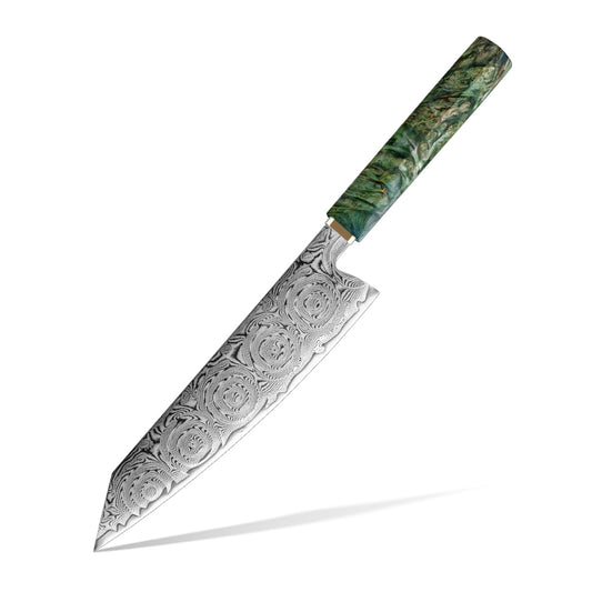 Cuchillo Kiritsuke 20cm 10Cr+Rosa Damasco66 Madera EST Verde y Cobre con fondo blanco