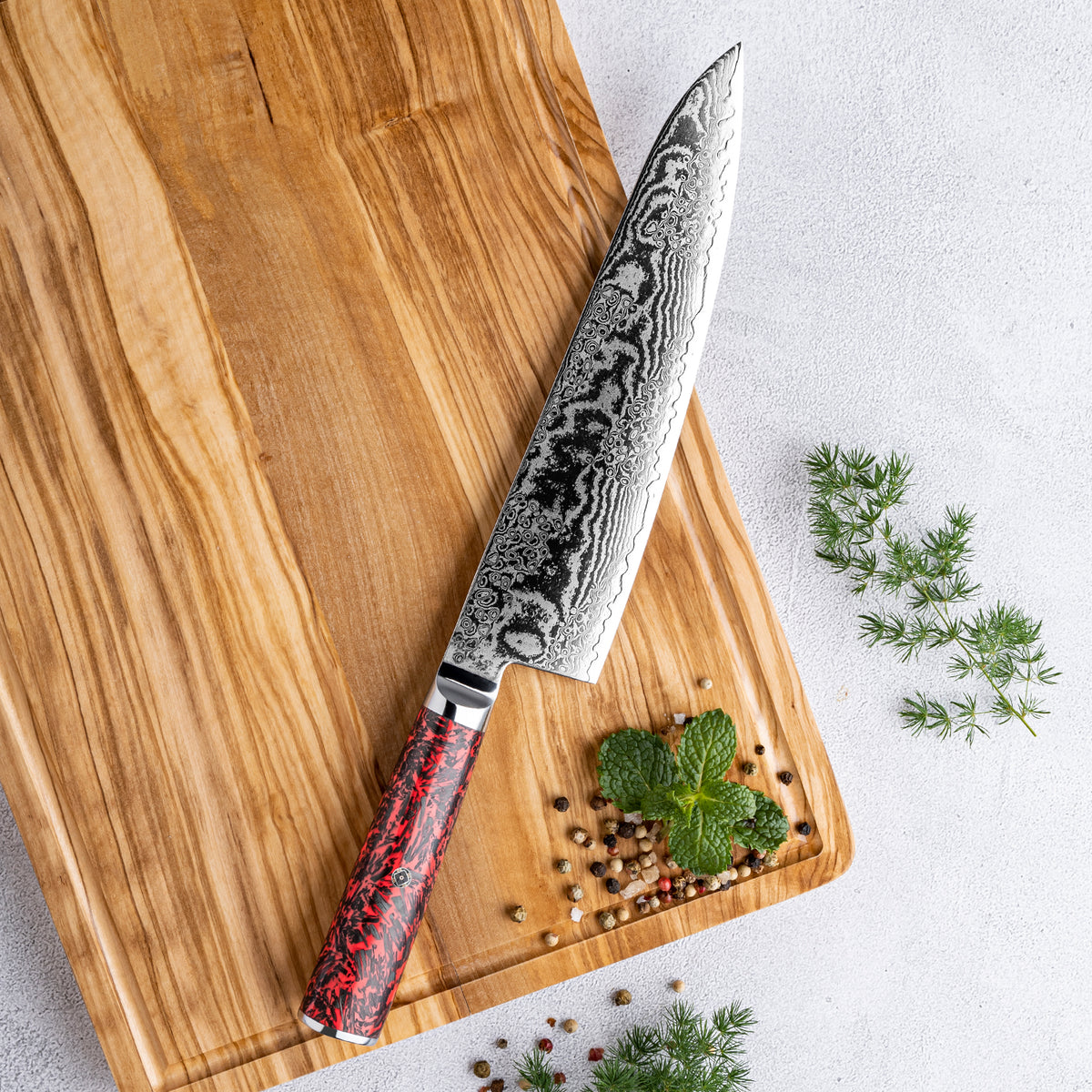 Cuchillo de Chef 21cm S35VN+Ola Damasco66 Resina Roja y Carbono

