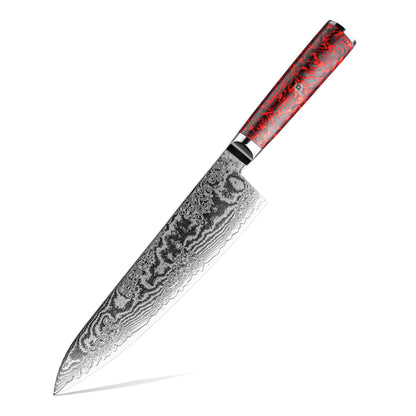 Cuchillo de Chef 21cm S35VN+Ola Damasco66 Resina Roja y Carbono con fondo blanco.