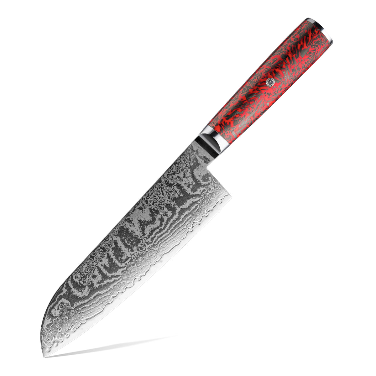 Cuchillo Santoku 18cm S35VN+Ola Damasco66 Resina Roja y Carbono