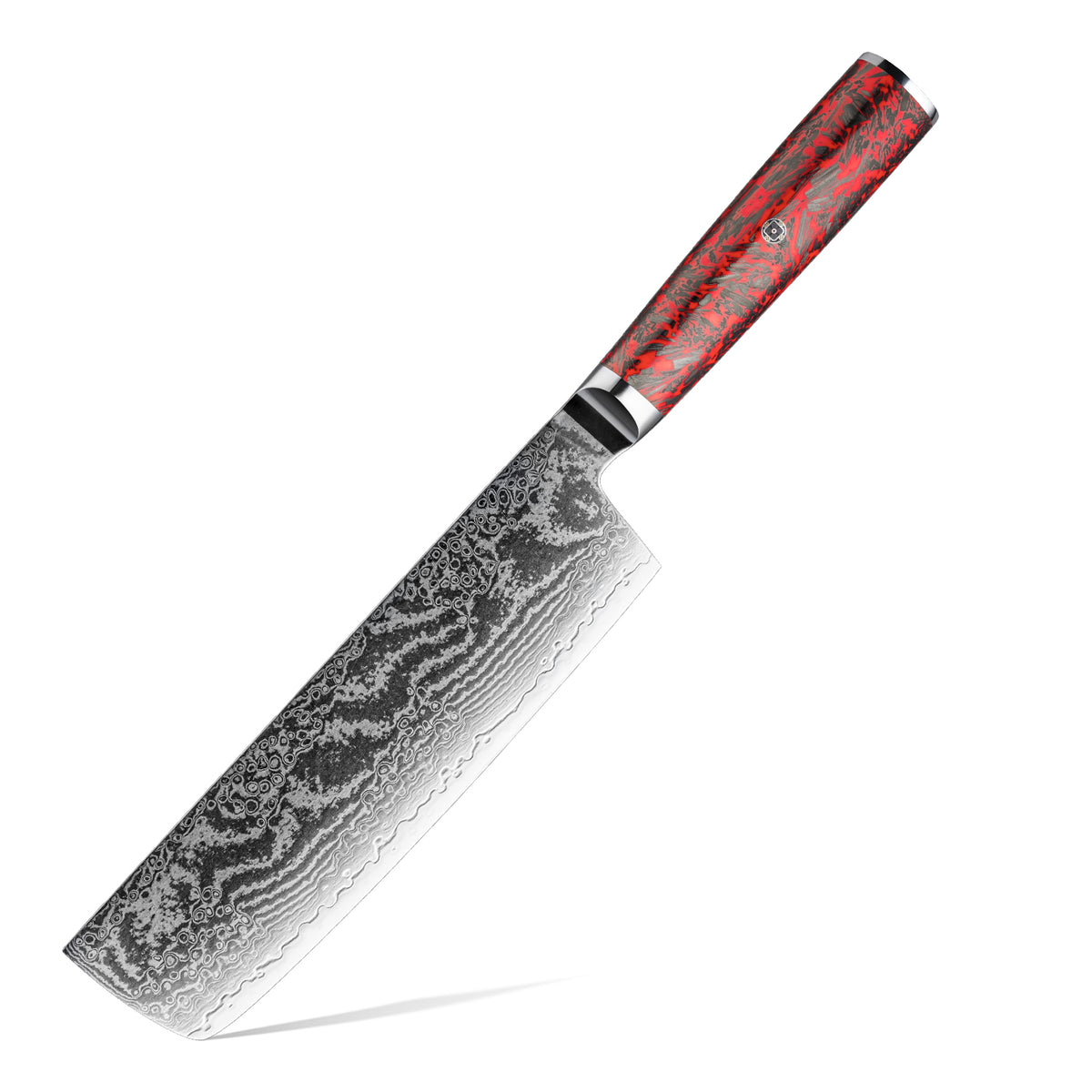 Cuchillo Nakiri 18cm S35VN+Ola Damasco66 Resina Roja y Carbono con fondo blanco.