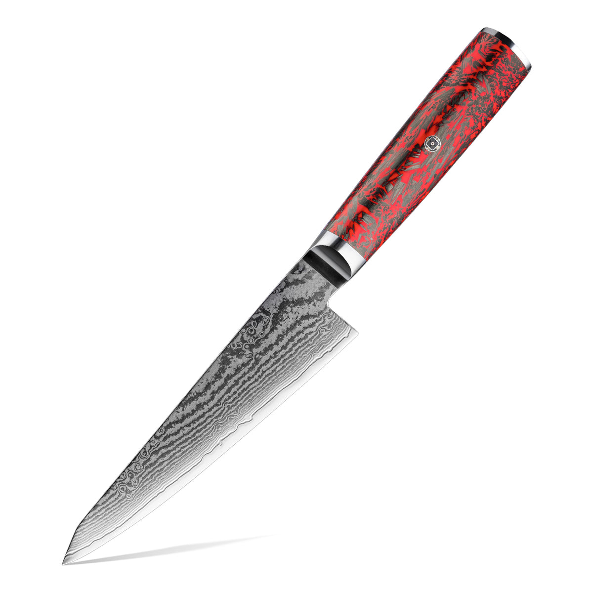 Cuchillo Utilitario 15cm S35VN+Ola Damasco66 Resina Roja y Carbono con fondo blanco.
