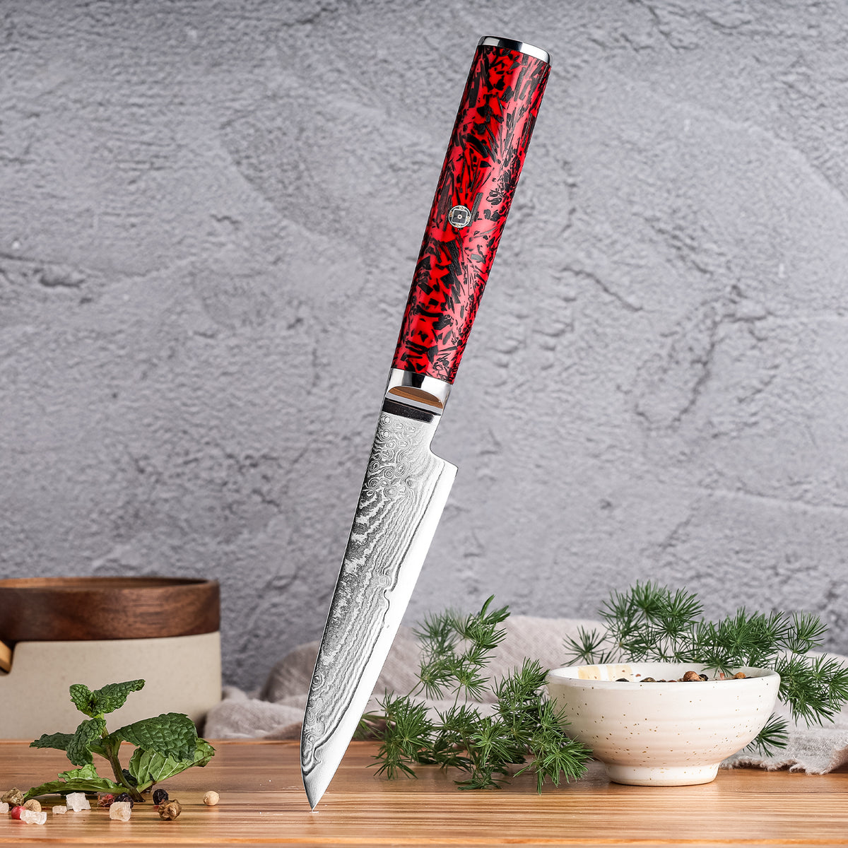 Cuchillo Puntilla 10cm S35VN+Ola Damasco66 Resina Roja y Carbono