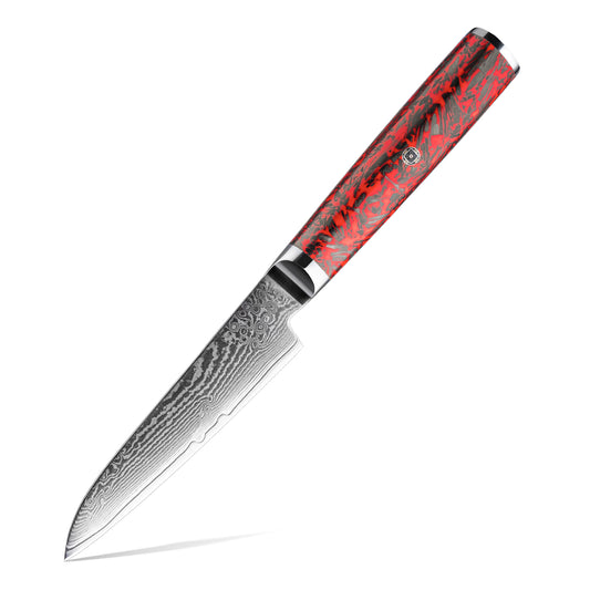 Cuchillo Puntilla 10cm S35VN+Ola Damasco66 Resina Roja y Carbono con fondo blanco.