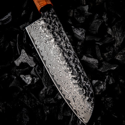 Cuchillo Santoku 18cm 10Cr detalles Kurouchi Martillado Damasco 66 capas 