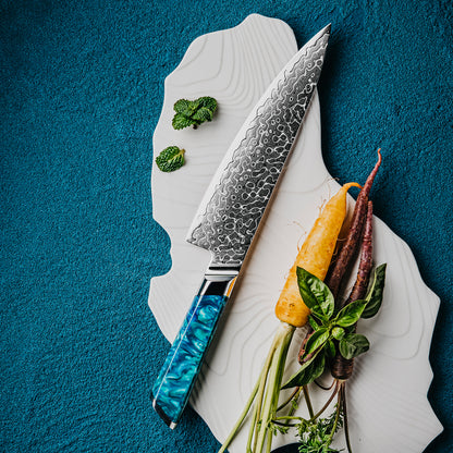 Cuchillo de Chef 20cm 10Cr+Gotas Damasco128 Full Tang Resina Azul, raices de zanahoria y otras verduras