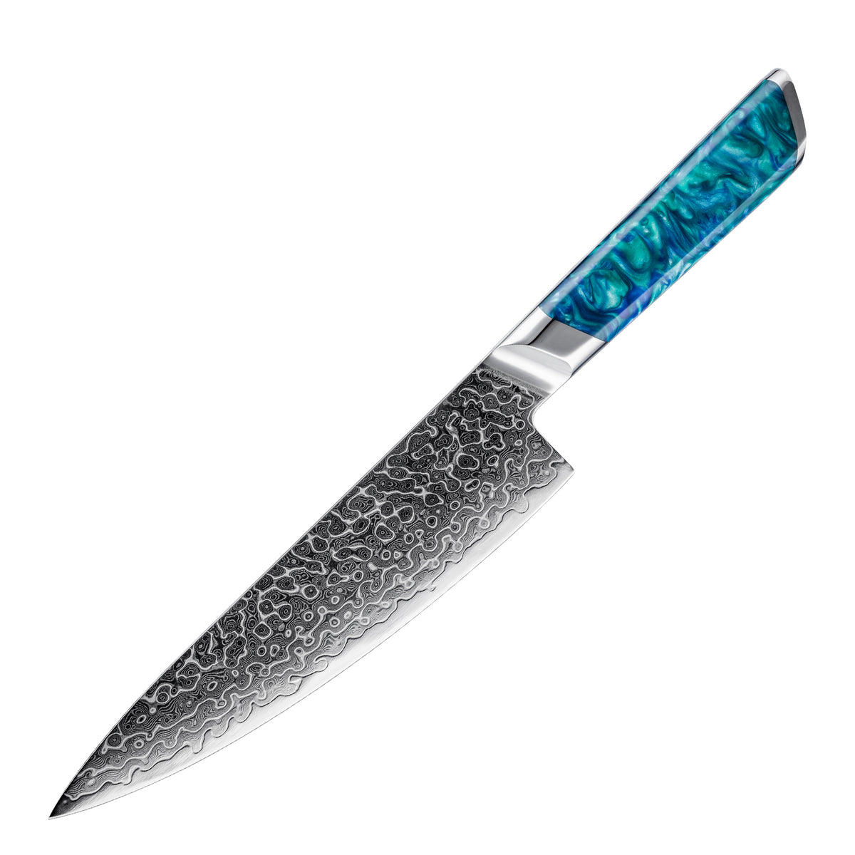Cuchillo de Chef 20cm 10Cr+Gotas Damasco128 Full Tang Resina Azul con fondo blanco.