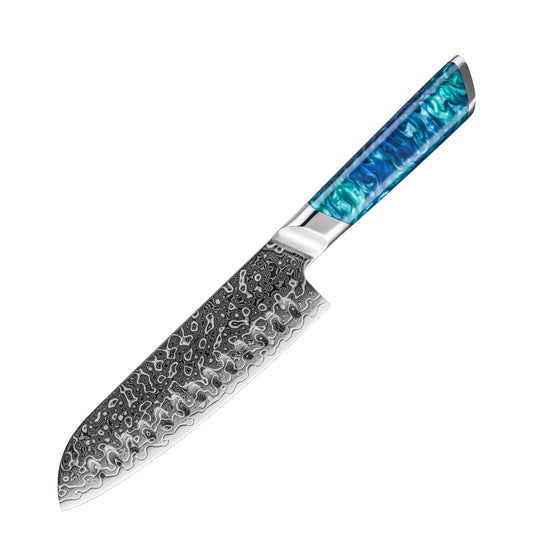 Cuchillo Santoku 18cm 10Cr+Gotas Damasco128 Full Tang Resina Azul