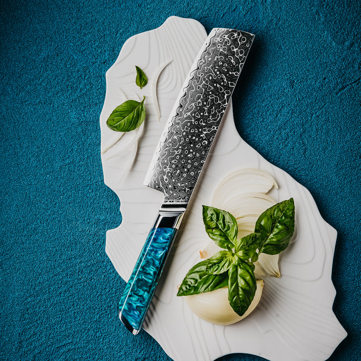 Cuchillo Nakiri 18cm 10Cr+Gotas Damasco128 Full Tang Resina Azul.
