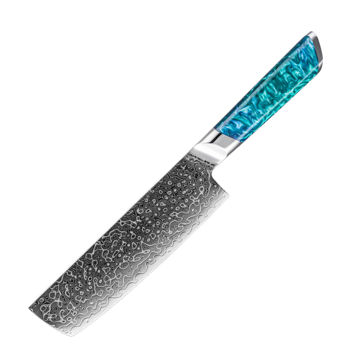 Nakiri 18cm 10Cr+Gotas Damasco128 Full Tang Resina Azul con fondo blanco.
