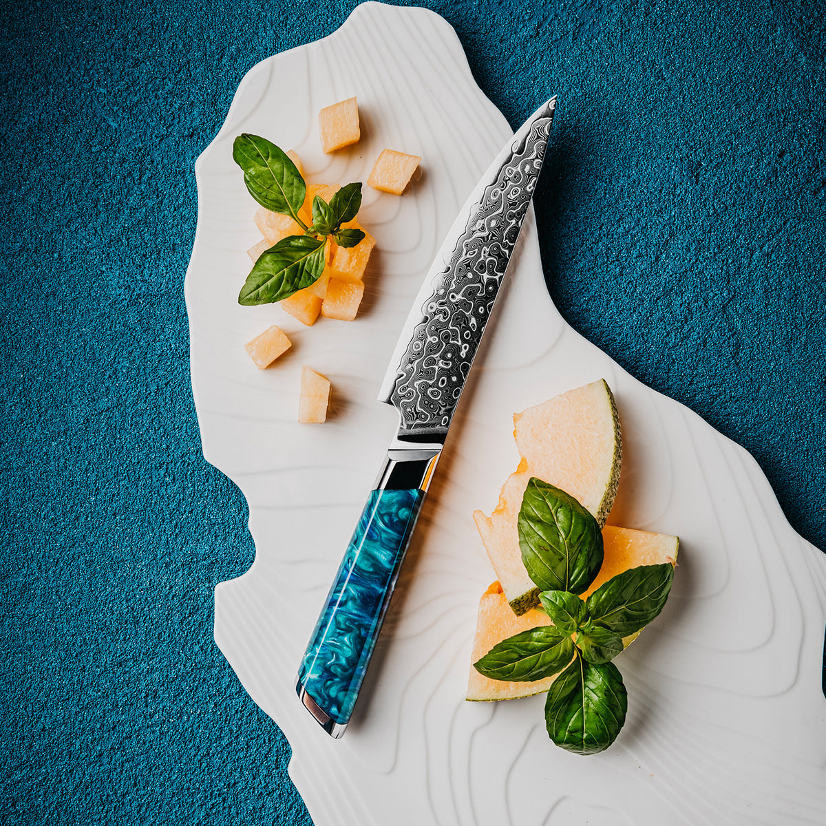 Cuchillo Utilitario 13cm 10Cr+Gotas Damasco128 Full Tang Resina Azul