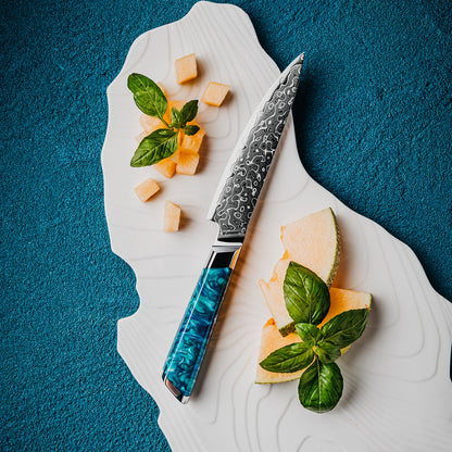 Cuchillo Utilitario 13cm 10Cr+Gotas Damasco128 Full Tang Resina Azul