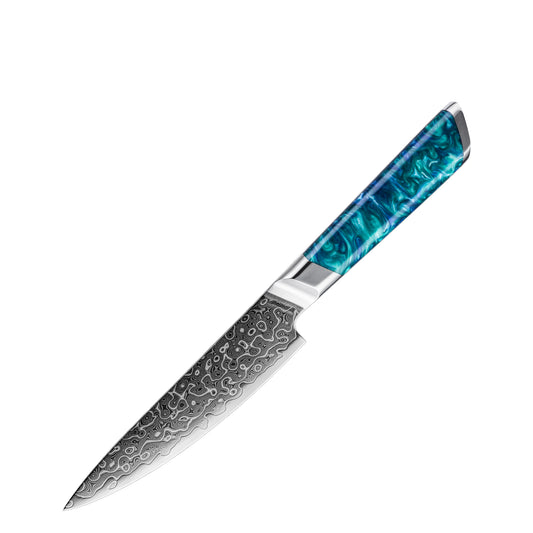  Cuchillo Utilitario 13cm 10Cr+Gotas Damasco128 Full Tang Resina Azul con fondo blanco.