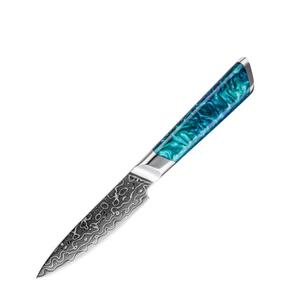 Cuchillo Puntilla 10cm 10Cr+Gotas Damasco128 Full Tang Resina Azul con fondo blanco.