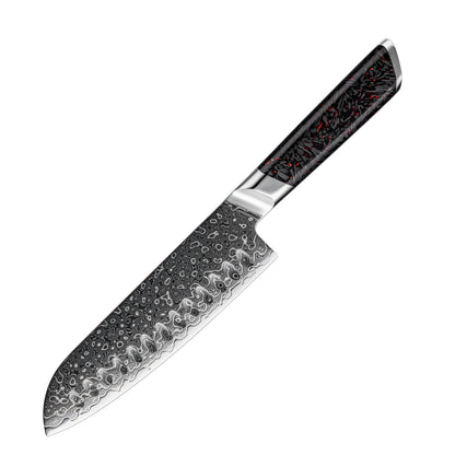 Cuchillo Santoku 18cm 10Cr+Gotas Damasco128 Full Tang Resina Carbono con fondo blanco.