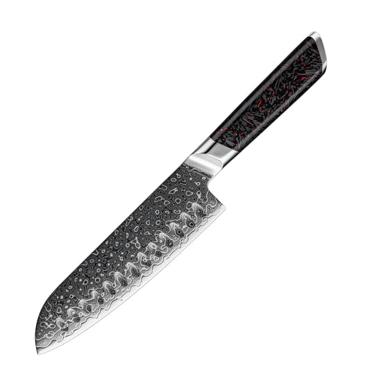 Cuchillo Santoku 18cm 10Cr+Gotas Damasco128 Full Tang Resina Carbono con fondo blanco.