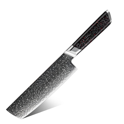 Cuchillo Nakiri 18cm 10Cr+Gotas Damasco128 Full Tang Resina Carbono
con fondo blanco.