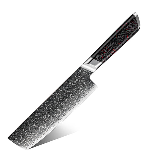 Cuchillo Nakiri 18cm 10Cr+Gotas Damasco128 Full Tang Resina Carbono
con fondo blanco.