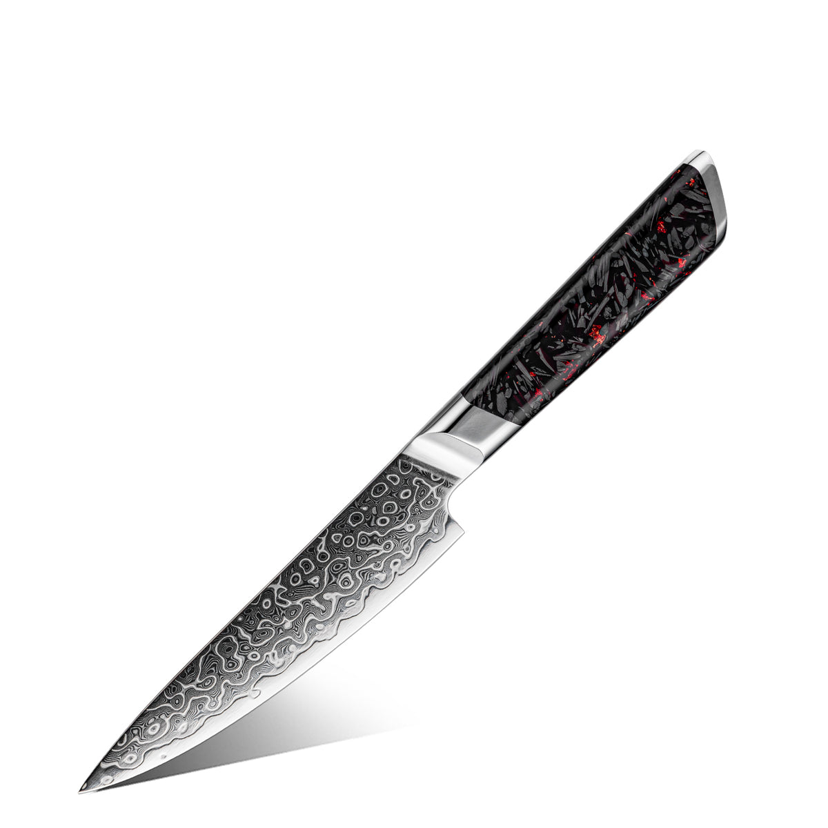Cuchillo Utilitario 13cm 10Cr+Gotas Damasco128 Full Tang Resina Carbono
con fondo blanco.