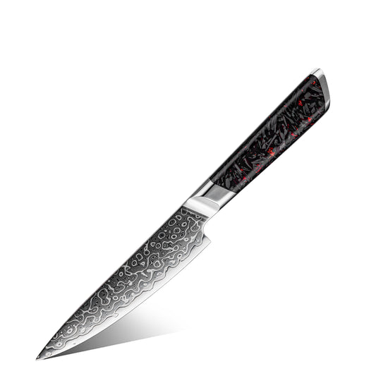 Cuchillo Utilitario 13cm 10Cr+Gotas Damasco128 Full Tang Resina Carbono
con fondo blanco.