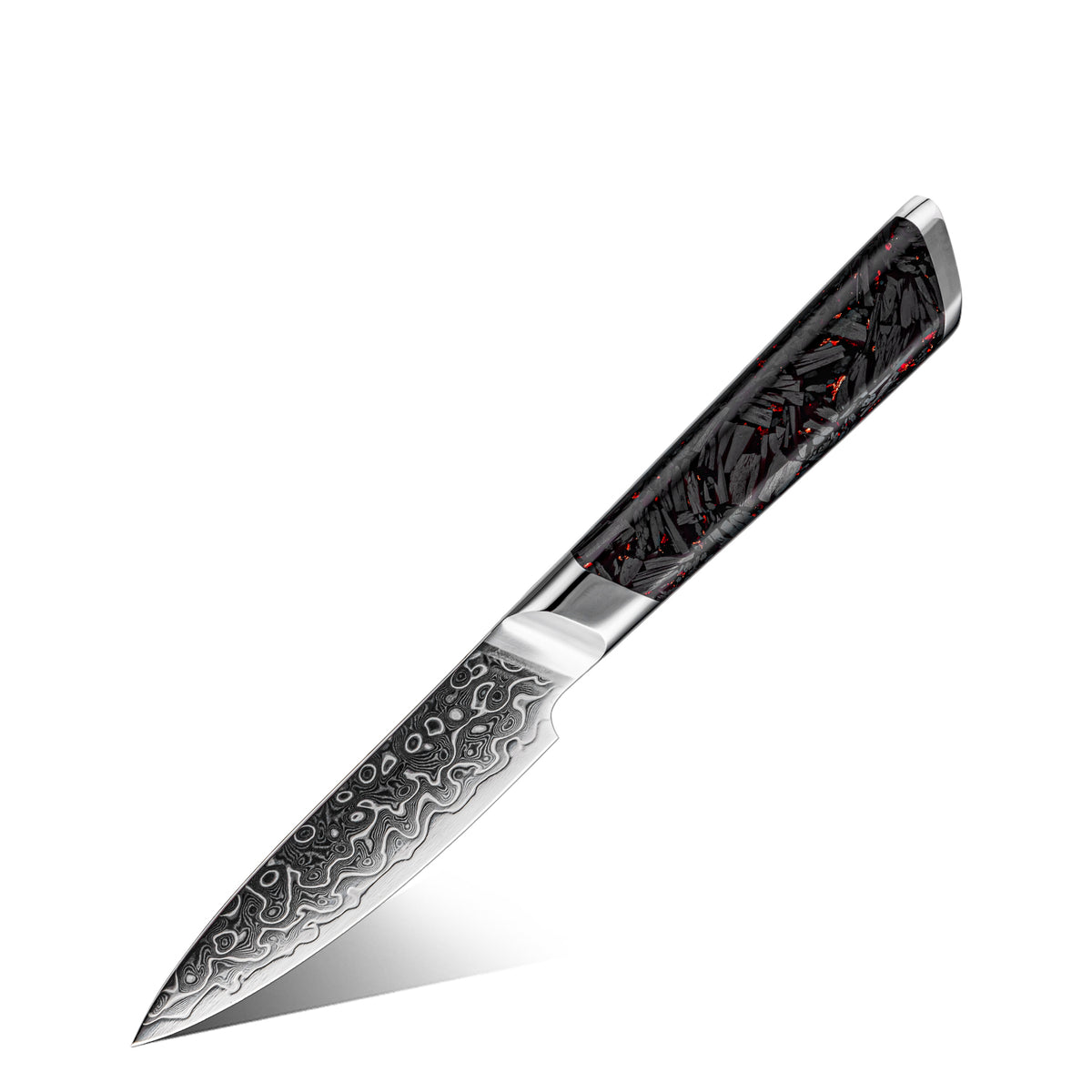DMS-154E_Cuchillo Puntilla 10cm 10Cr+Gotas Damasco128 Full Tang Resina Carbono con fondo blanco.