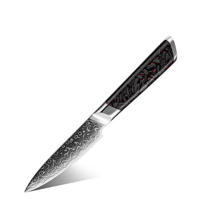 DMS-154E_Cuchillo Puntilla 10cm 10Cr+Gotas Damasco128 Full Tang Resina Carbono con fondo blanco.