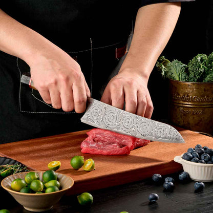 Cuchillo Gyuto 21cm 10Cr+Damasco Rosas Resina Fluorescente