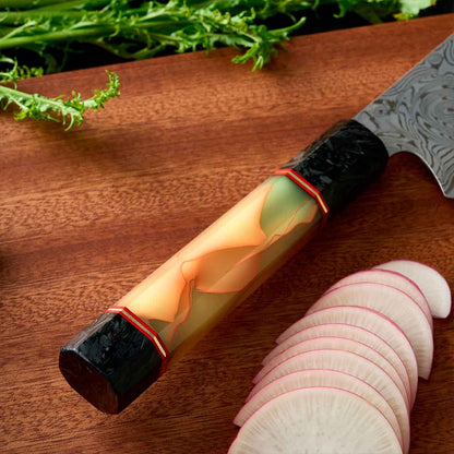 Cuchillo Gyuto 21cm 10Cr+Damasco Rosas Resina Fluorescente