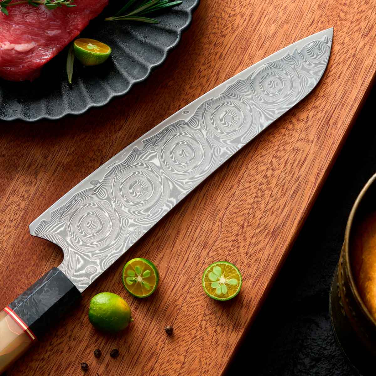 Cuchillo Gyuto 21cm 10Cr+Damasco Rosas Resina Fluorescente