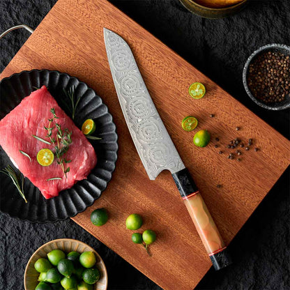 Cuchillo Gyuto 21cm 10Cr+Damasco Rosas Resina Fluorescente