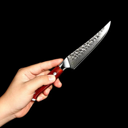 Cuchillo Bistec 12cm 10Cr+Damasco MARTILLADO PaloRosa (Set x4 unidades)