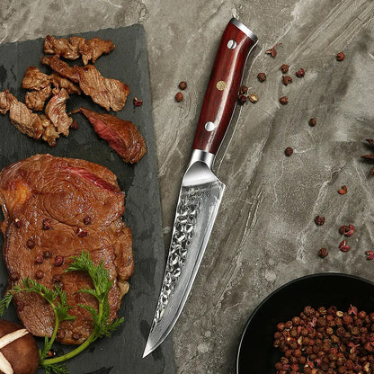 Cuchillo Bistec 12cm 10Cr+Damasco MARTILLADO PaloRosa (Set x4 unidades)